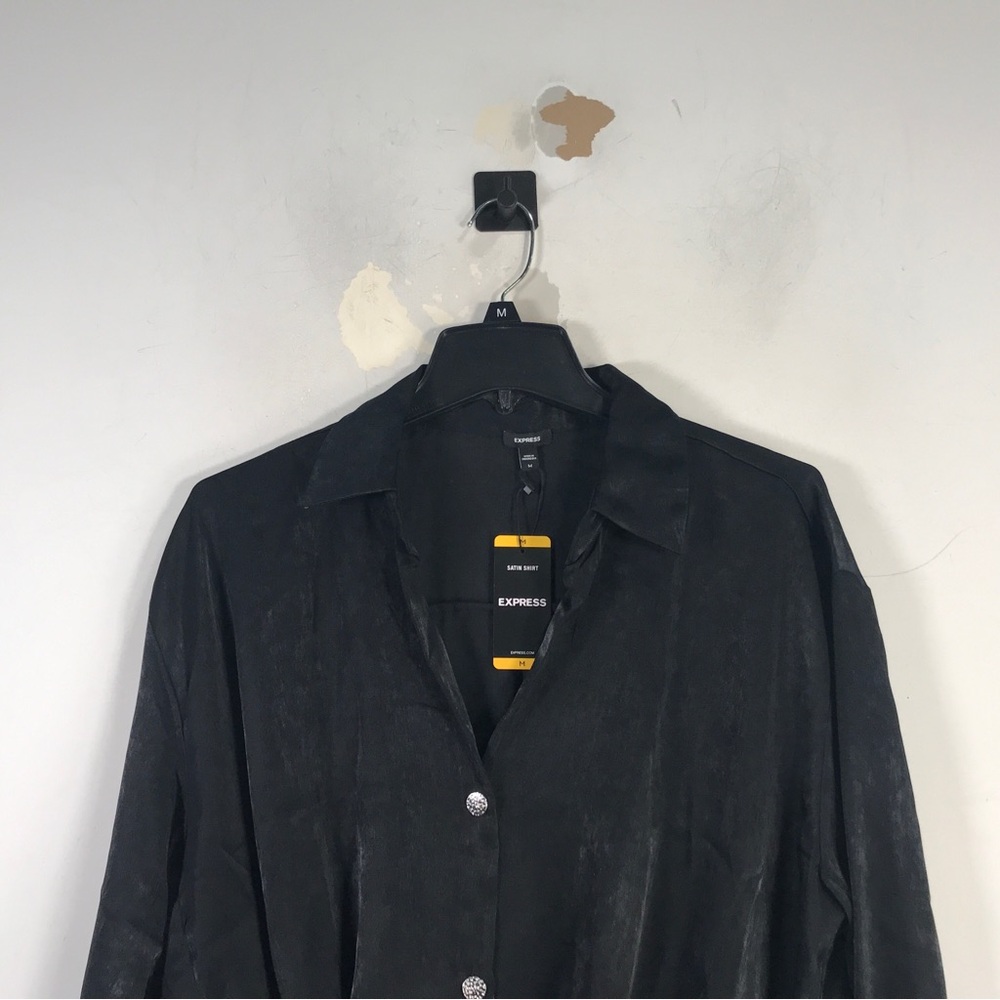 Express Satin Long Sleeve Button Up Shirt, Women's Size M - Black - Picture 5 of 9
